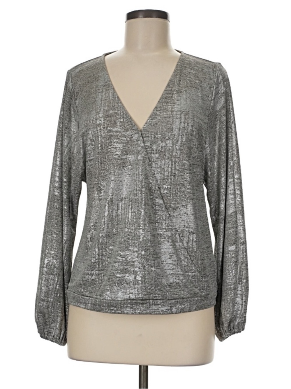 Anthropologie Silver Metallic Wrap-Style Long Sleeve Blouse